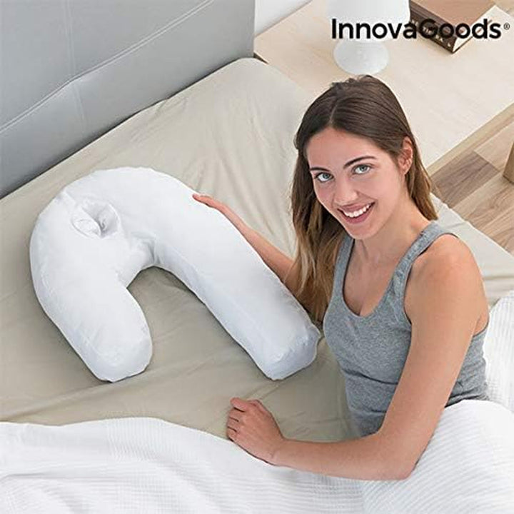 Innovagoods - Pernă ergonomică în formă de U pentru somn lateral, Ideală pentru sarcină, Promovează respirația liniștită, Reduce sforăitul, Bumbac și poliester, Alb, 39 X 57 X 14 Cm