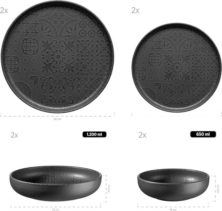 MÄSER 934064 Serie Tiles Modernes Vintage Geschirr Set Für 2 Personen in Maurischem Design Mit Mattglasur, 8-Teiliges Tafelservice Mit Tellern Und Schalen Aus Hochwertiger Keramik, Steinzeug, Schwarz