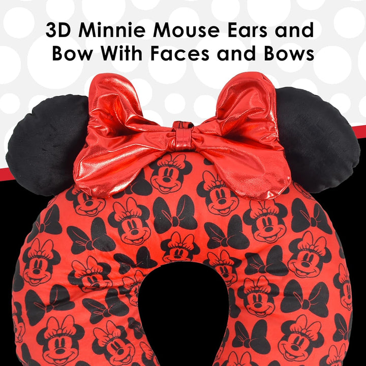 Ful Concept One Disney Minnie Mouse Pernă de gât de călătorie cu urechi 3D și arc pentru avion, mașină și birou, confortabilă și respirabilă, roșu / negru