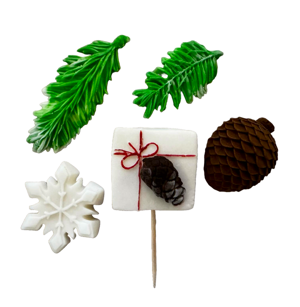Set mit 5 essbaren Zuckerpastendekorationen, Winter, Tannennadeln, Schneeflocke, Zapfen