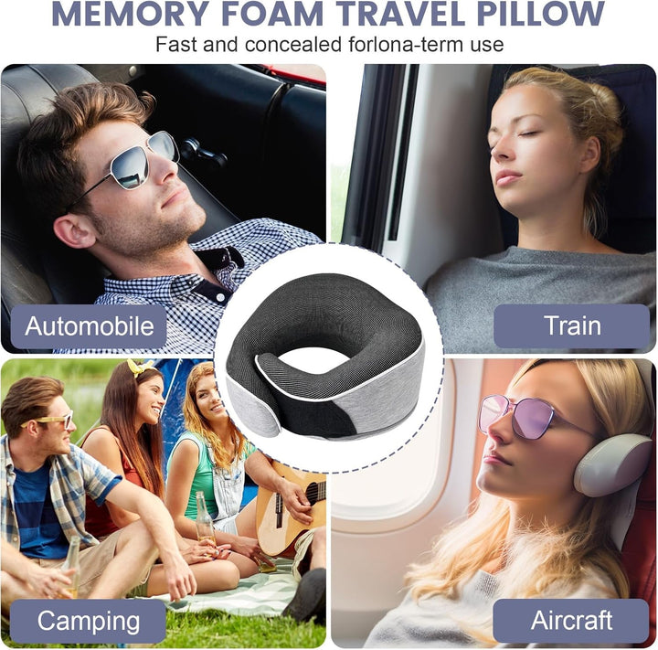 Pernă pentru gât, pernă de călătorie din spumă de memorie, pernă pentru gât din spumă de memorie, design ergonomic, cu mască pentru ochi, 2 dopuri de urechi și pungă de depozitare, perfectă pentru a dormi pe drum atunci când călătoriți
